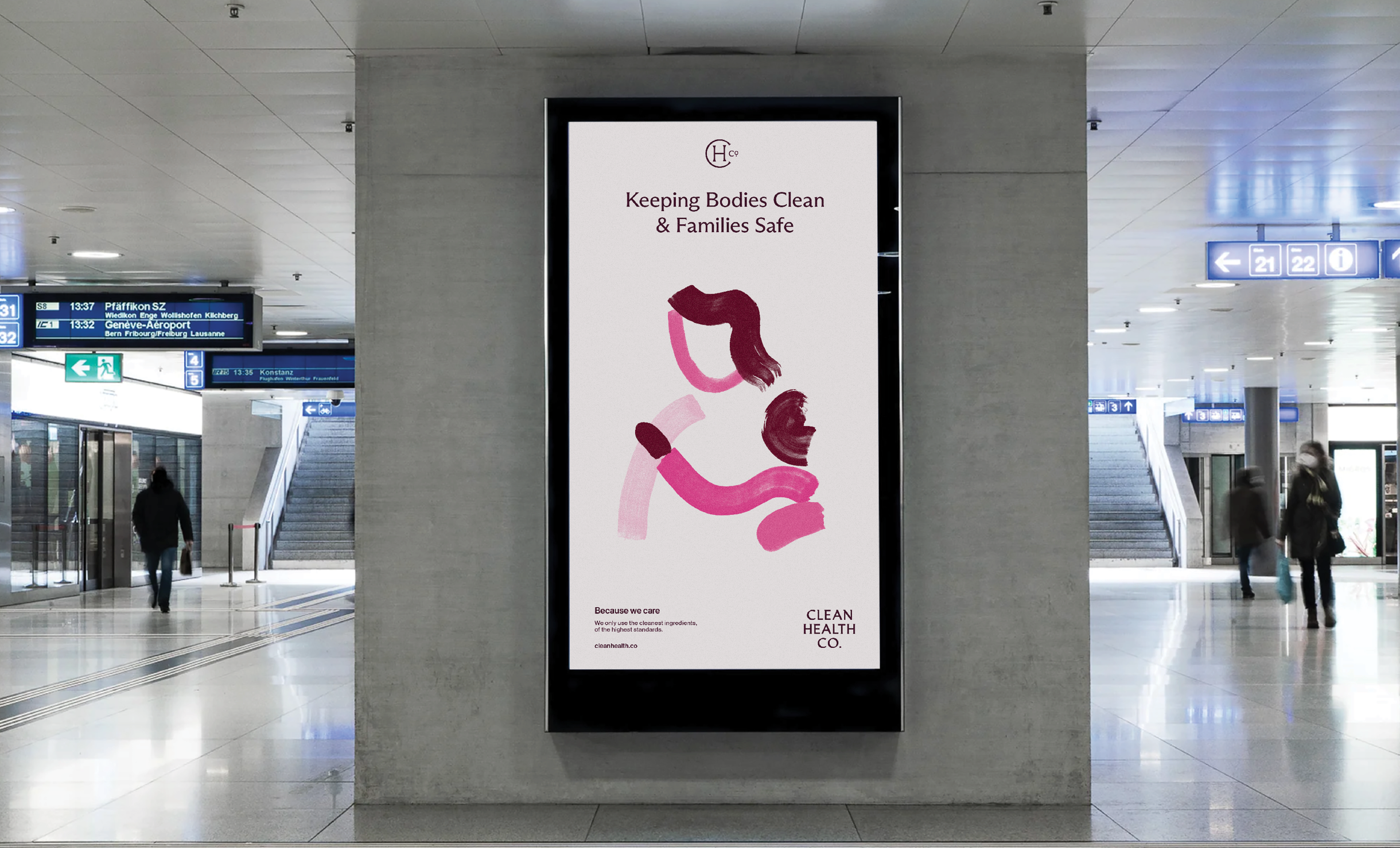 Ad campaign for clean health, shows illustration of woman holding child.