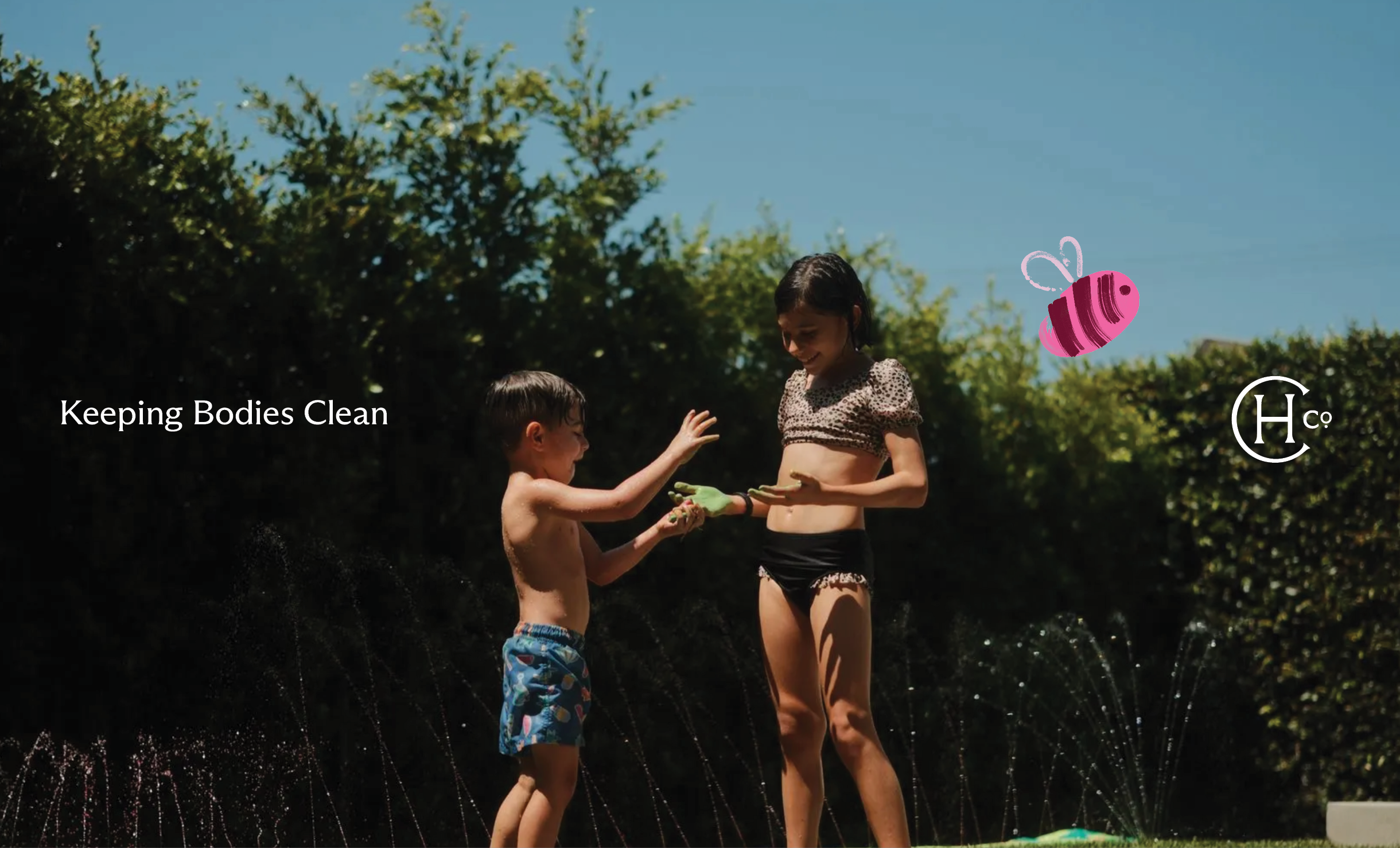 Kids playing by a pool. Cartoon bees fly by.