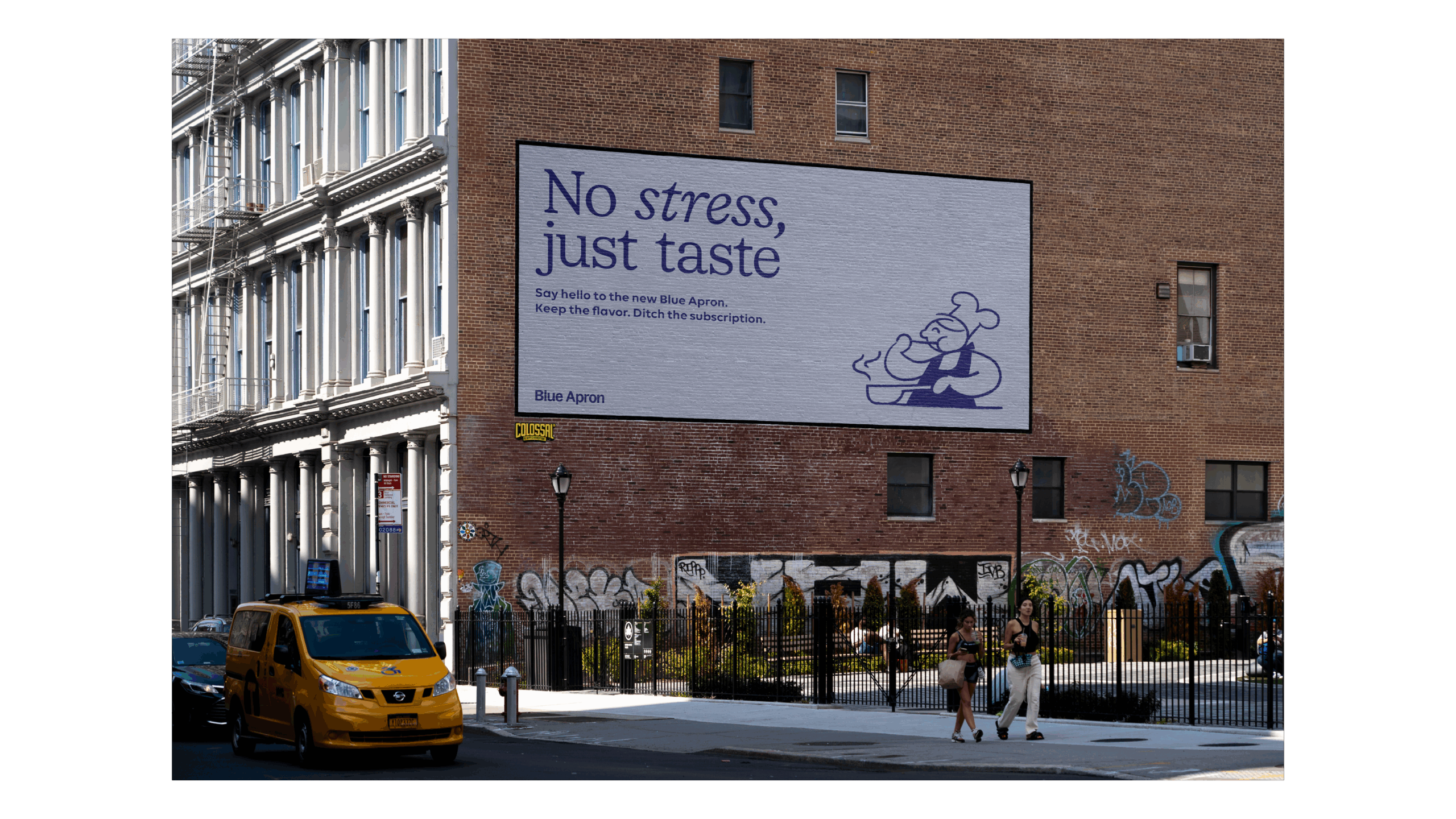 vBlue Apron out of home advertising with Mascot Illustration, placement on New York City brick wall.