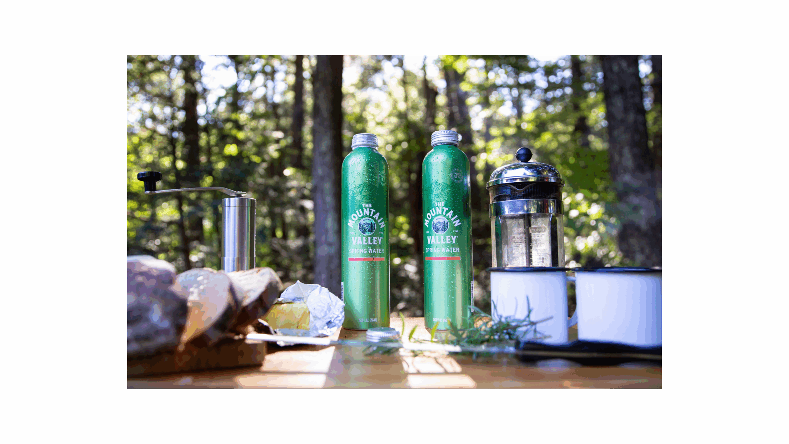 Mountain valley Aluminum cans on table top