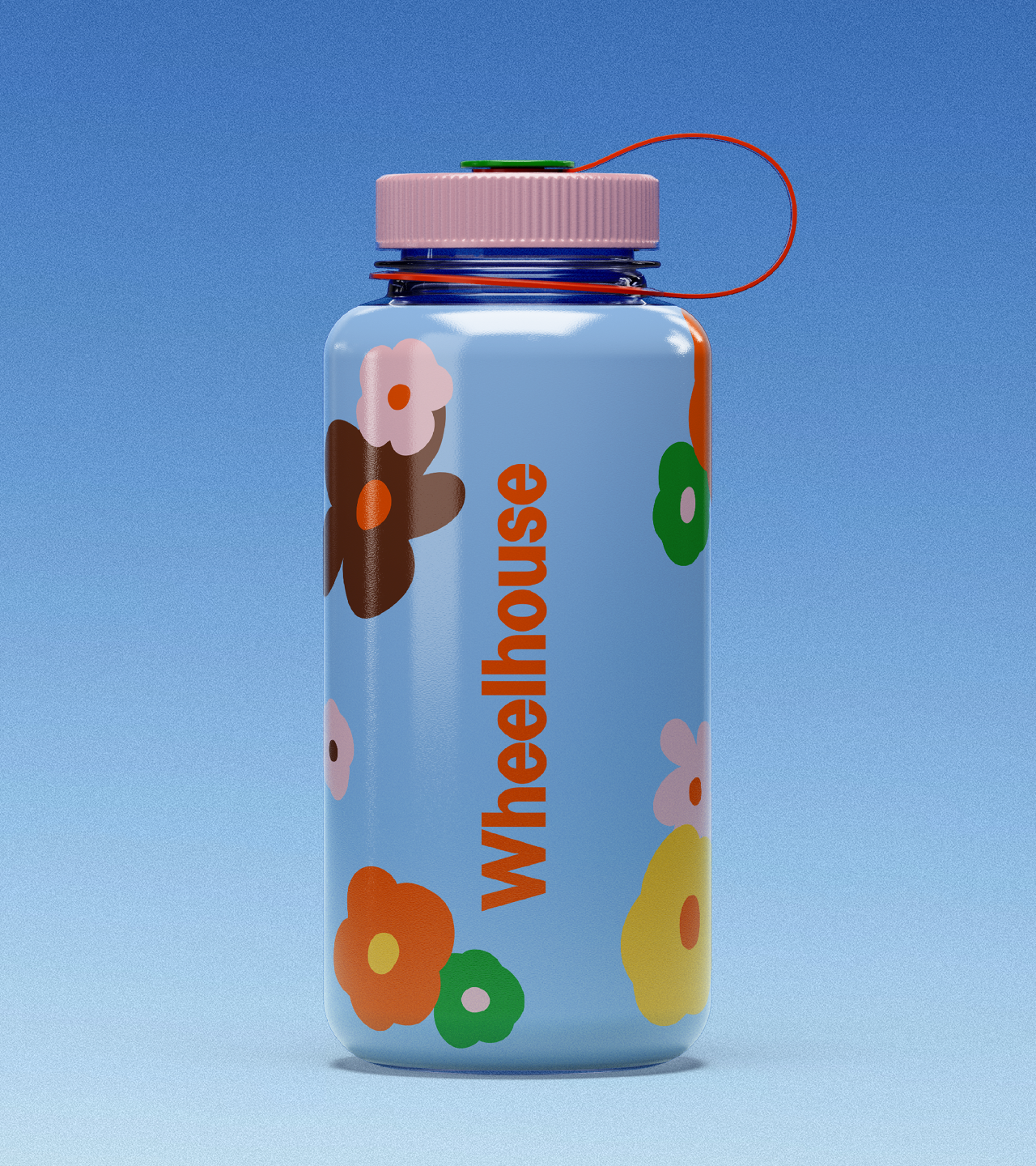 Wheelhouse branded water bottle with illustrative flowers.