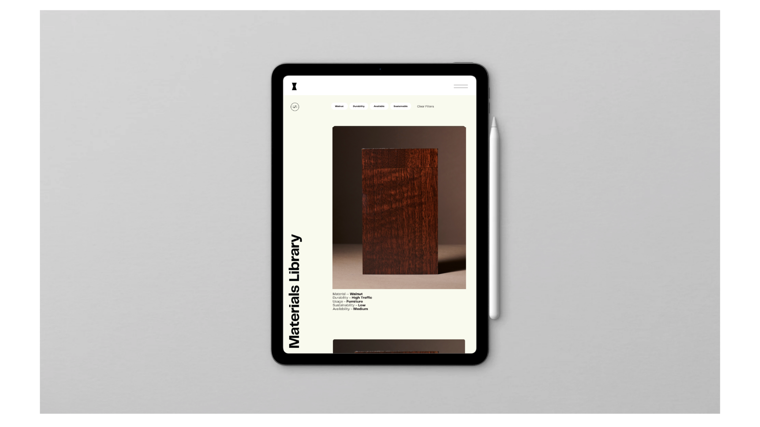 Digital materials library displayed on an ipad