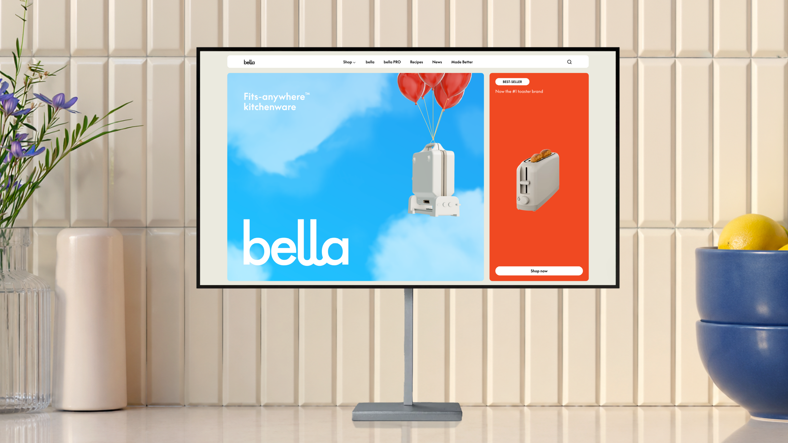 bella digital examples, website on a monitor in the kitchen