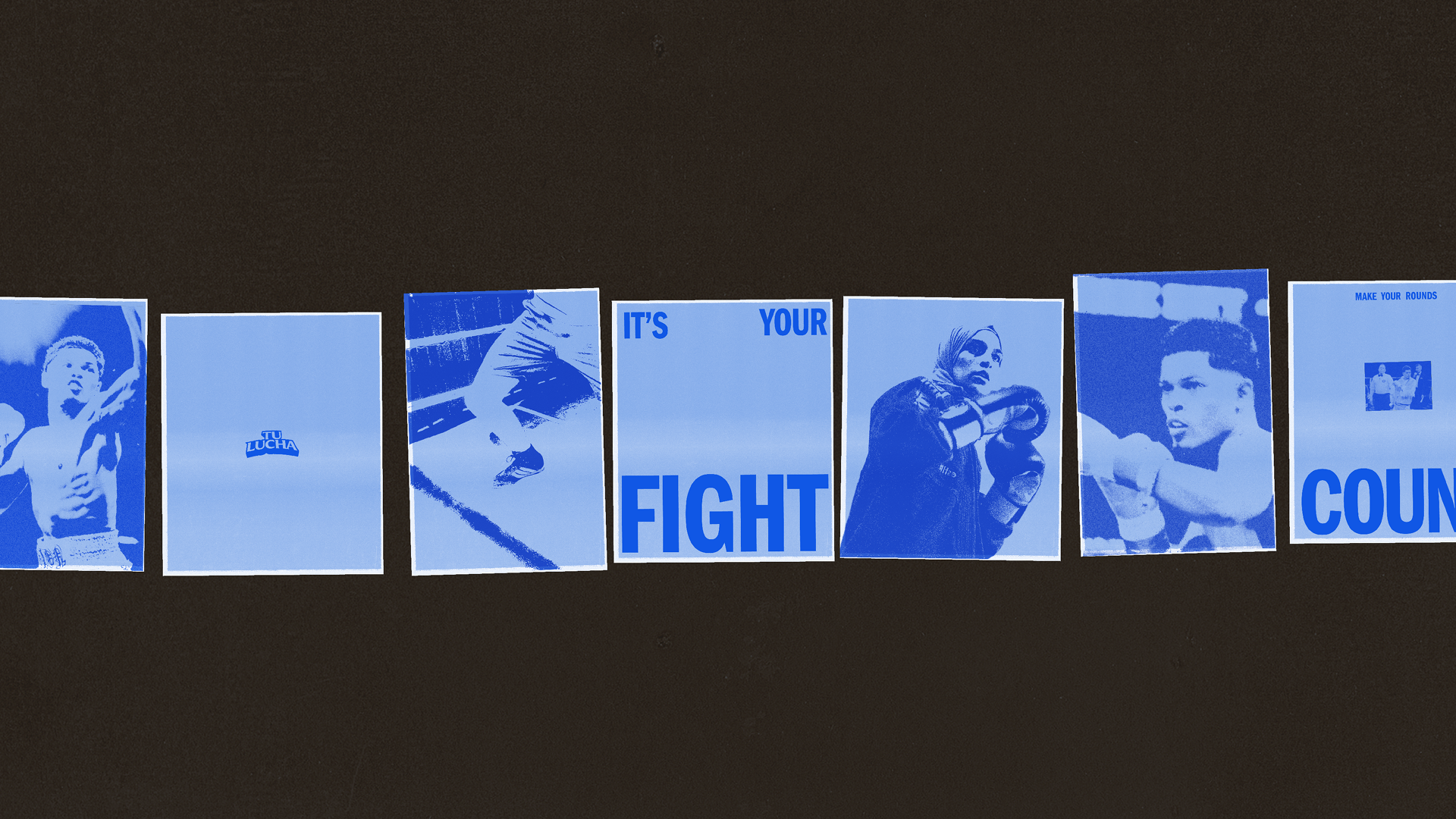 Tu Lucha poster series. Blue images of boxers on blue textured paper.